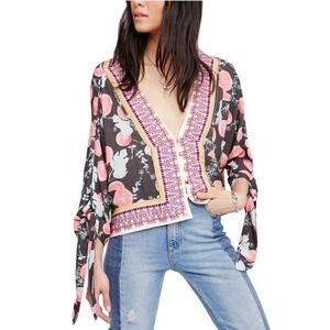 Free People Shirt Women's Small Boho Citrus Tie Sleeve Top Pink Black‎